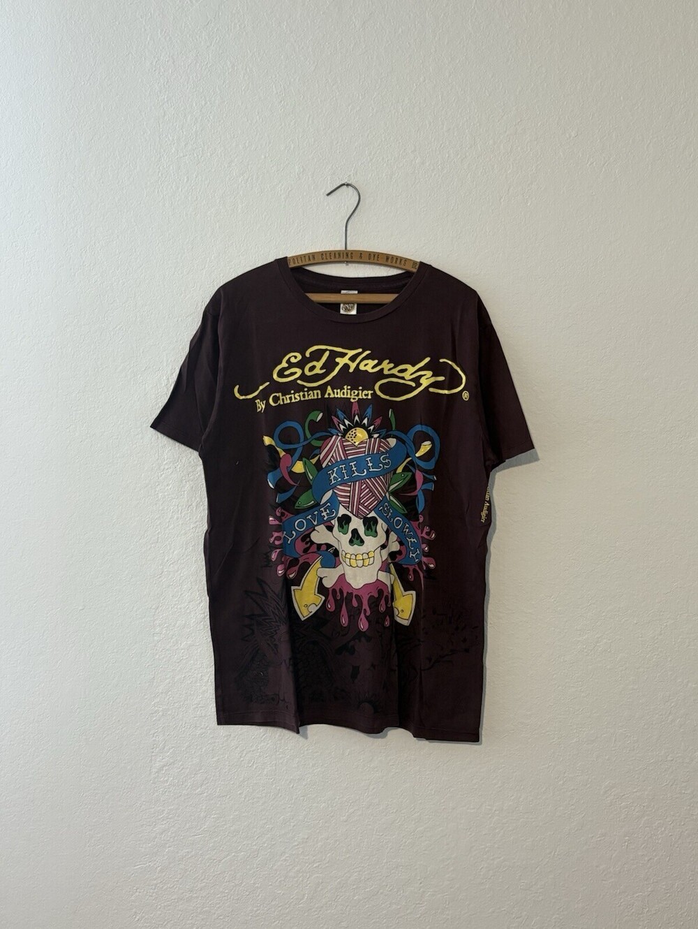 Vintage Y2K Ed Hardy Christian Audigier AOP Graphic Tee Shirt Size XL